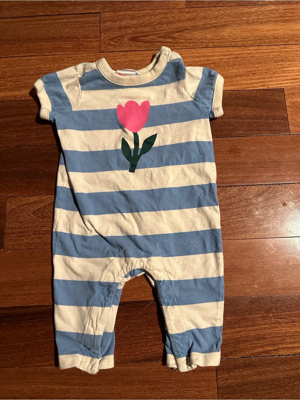 Hanna Andersson Blue and Cream Striped Baby Romper with Pink Flower